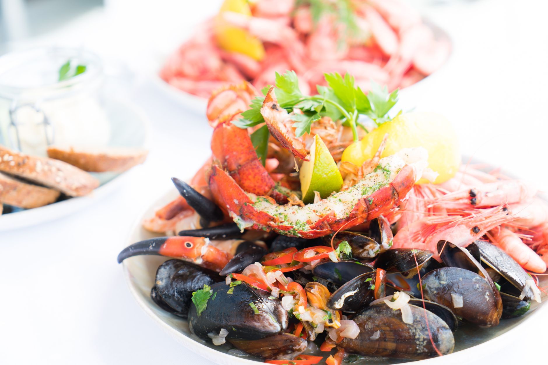 Seafood platter with lobster, mussels and shrimp