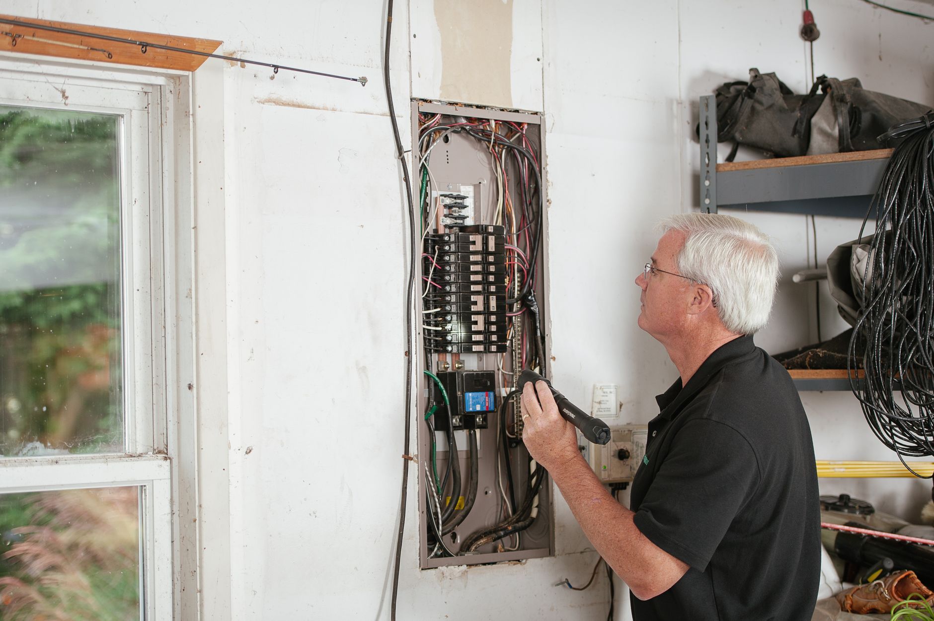 Electrician inspecting a home electrical panel